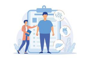 obesitas probleem. overgewicht man medische consultatie en diagnostiek. negatieve impact van obesitas op de gezondheid van de mens en de interne organen. vector illustratie