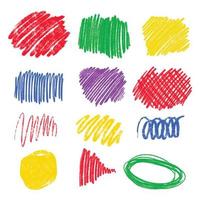 heldere set hand getrokken kleurpotlood wax crayon krabbels op witte achtergrond. vectorontwerpelementen voor school, kinderenontwerp. vector