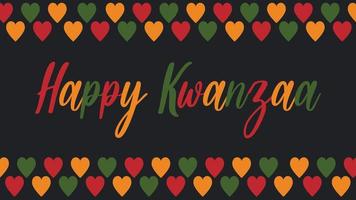 happy kwanzaa - banner met hartjes en cursieve kalligrafie belettering. afro-amerikaanse etnische erfgoed culturele vakantie. kleurrijke heldere wenskaart, post op sociale media vector