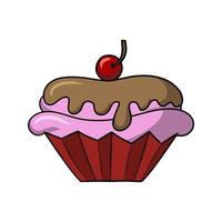 grote heerlijke cake, roze heerlijke cupcake met delicate chocoladeroom en kersenbes, vectorillustratie in cartoonstijl op een witte achtergrond vector