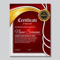 award sjablooncertificaat, gouden kleur en rood verloop. bevat een modern certificaat met een gouden badge vector