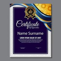 award sjablooncertificaat, gouden kleur en blauw verloop. bevat een modern certificaat met een gouden badge vector