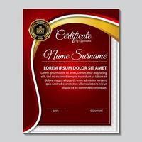 award sjablooncertificaat, gouden kleur en rood verloop. bevat een modern certificaat met een gouden badge vector