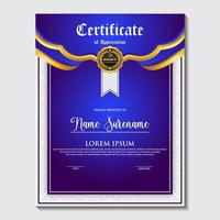 blauw en goud kleur certificaat sjabloonontwerp. certificaat van prestatie met een gouden badge vector