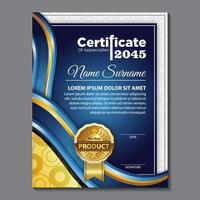 award sjabloon certificaat, gouden kleur en blauw verloop. bevat een modern certificaat met een gouden badge. vector