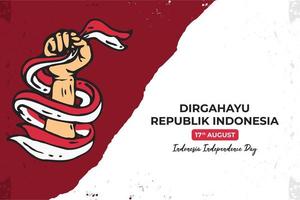 hari kemerdekaan indonesië vertaalt van indonesië onafhankelijkheidsdag, met handen die het lint van de Indonesische vlag klemmen, geschikt voor poster, spandoek, wenskaart, enz. vector