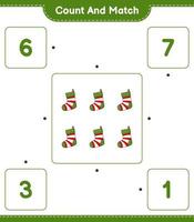 tel en match, tel het aantal kerstsokken en match met de juiste nummers. educatief kinderspel, afdrukbaar werkblad, vectorillustratie vector