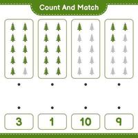 tel en match, tel het aantal kerstboom en match met de juiste nummers. educatief kinderspel, afdrukbaar werkblad, vectorillustratie vector