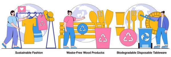 duurzame mode, afvalvrije houtproducten en biologisch afbreekbaar wegwerpservies geïllustreerd pakket vector