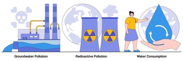 grondwatervervuiling, radioactief gevaarlijk afval, waterverbruik met illustraties van personenpersonages vector