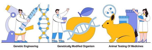 genetische manipulatie, genetisch gemodificeerd organisme en dierproeven van medicijnen geïllustreerd pack vector
