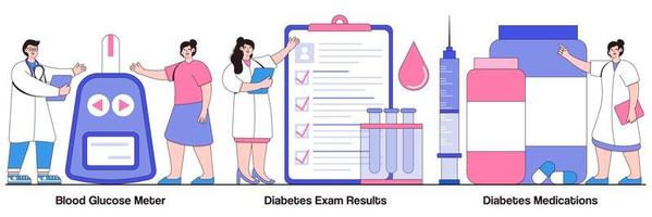 bloedglucosemeter, diabetes-examenresultaten, diabetesmedicatieconcept met kleine mensen. diabetes behandeling abstracte vector illustratie set. suikerniveaumonitoring, geneeskunde, gezondheidszorgmetafoor