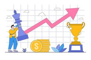 successtrategie, planning van zakelijke concurrentie, leiderschapsvisie, zoeken naar kansen, illustraties van concurrentieanalyseconcepten. zakenman leider beweegt schaakkoning met verrekijker om vooruit te kijken vector