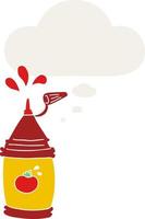 cartoon ketchup fles en gedachte bel in retro stijl vector