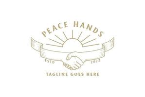 vintage handdruklint met gouden zon voor vredesakkoord gemeenschapseenheid teamwerk logo-ontwerp vector