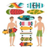 man met een set skateboards en surfplanken. platte doodle clipart. alle objecten zijn opnieuw geschilderd. vector