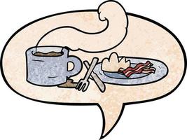 cartoon ontbijt van koffie en spek en tekstballon in retro textuurstijl vector