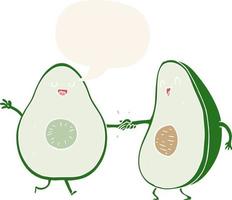 cartoon dansende avocado's en tekstballon in retro stijl vector