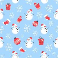 Kerst naadloos patroon met sneeuwpop en sneeuwvlokken op blauwe achtergrond vector