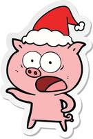 sticker cartoon van een schreeuwend varken met een kerstmuts vector