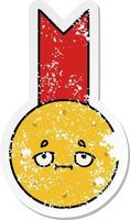 verontruste sticker van een leuke cartoon gouden medaille vector