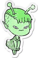verontruste sticker van een schattig cartoon buitenaards meisje vector
