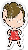verontruste sticker van een cartoon loensend meisje in jurk vector