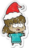 verontruste sticker cartoon van een vermoeide vrouw met een kerstmuts vector