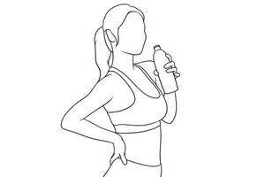 vrouw in fitnesspak met een fles water met de hand getekende stijl vectorillustratie vector