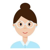 grappige cartoon vrouw gezicht, schattige avatar of portret. meisje met een bril, donker haar. jong karakter voor web in vlakke stijl. print voor sticker, emoji, icoon. minimalistisch gezicht, vectorillustratie vector