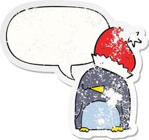 leuke kerstpinguïn en tekstballon verontruste sticker vector