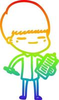 regenbooggradiënt lijntekening cartoon zelfvoldane jongen met klembord vector