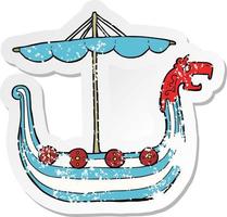 retro verontruste sticker van een cartoon vikingschip vector