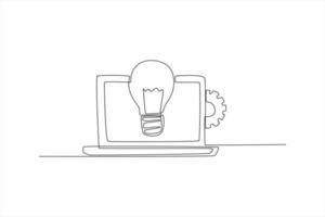 continue één lijntekening lamp met versnellingen voor zakelijke ideeën op laptop. trainings- en workshopconcept. enkele lijn tekenen ontwerp vector grafische afbeelding.