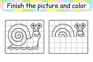 maak de foto slak compleet. kopieer de afbeelding en kleur. maak het beeld af. kleurboek. educatief tekenoefenspel voor kinderen vector