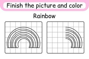 maak het plaatje regenboog compleet. kopieer de afbeelding en kleur. maak het beeld af. kleurboek. educatief tekenoefenspel voor kinderen vector