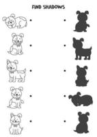 vind de juiste schaduwen van zwart-witte honden. logische puzzel voor kinderen. vector