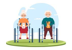 ouderenzorgdiensten handgetekende cartoon vlakke afbeelding met verzorger, verpleeghuis, begeleid wonen en ondersteuningsontwerp vector