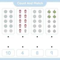 tel en match, tel het aantal sneeuwvlokjes, kerstbal, geschenkdoos en match met de juiste nummers. educatief kinderspel, afdrukbaar werkblad, vectorillustratie vector