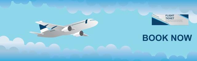 reis- en vliegticket reclamesjabloon met vliegtuig in de lucht, kleurrijke achtergrond in papier knippen stijl vectorillustratie. vector