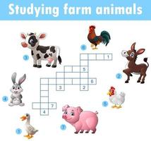 kaart met kruiswoordraadsel, educatief spel voor kinderen over boerderijdieren vector