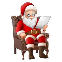 cartoon santa claus zit aan zijn fauteuil en leest een brief vector