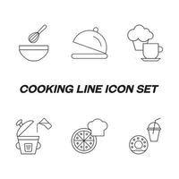 koken, eten en keuken concept. verzameling moderne overzichts zwart-wit pictogrammen in vlakke stijl. lijn icon set van mixer, kom in cloche, thee en cupcake, koken, fast food vector