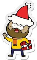 sticker cartoon van een bebaarde man met cadeau met kerstmuts vector