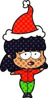 stripboekstijlillustratie van een vermoeide vrouw die een kerstmuts draagt vector