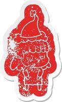 cartoon noodlijdende sticker van een onverschillige vrouw met een kerstmuts vector