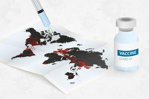 het injecteren van een spuit met een covid-19-vaccin in een geïnfecteerde wereldkaart. strijd tegen het coronavirus. vector