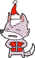 stripboekstijlillustratie van een wolf met een geschenk met een kerstmuts vector