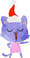 retro cartoon van een zingende kat met een kerstmuts vector