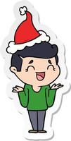 sticker cartoon van een lachende verwarde man met een kerstmuts vector